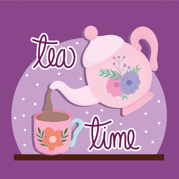 Theetijd, waterkoker gieten thee in kopje met bloem — Stockvector