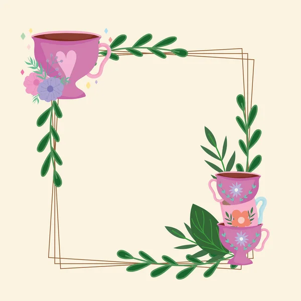 Tea time frame with cups decoration flowers leaves mint nature — Stock Vector