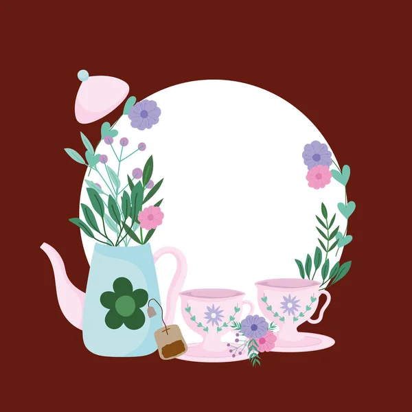 Hora do chá, bule e xícaras de chá flores plantas e ervas — Vetor de Stock