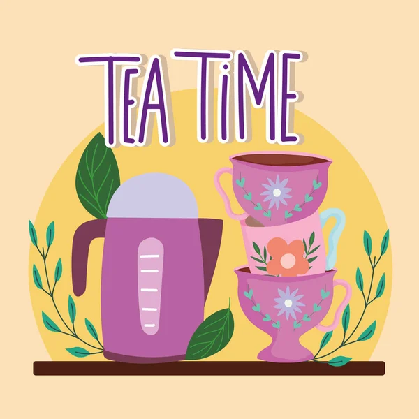 Tea time teiera e pila di tazze fiori decorativi ed erbe — Vettoriale Stock