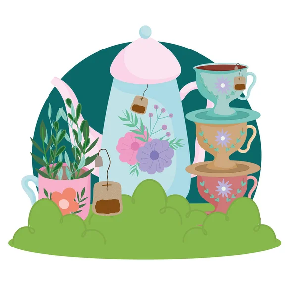 Thé temps mignon bouilloire tasses plats thé fleurs et feuilles nature — Image vectorielle