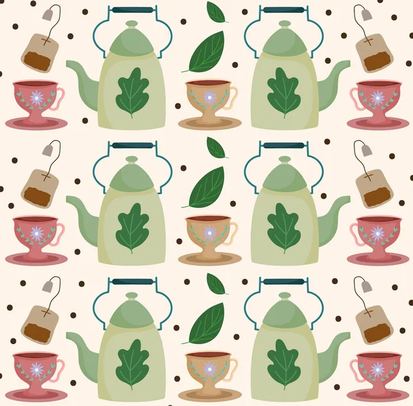 Τσάι χρόνο τσαγιέρες τσαγιέρες τσαγιέρες τσάι αφεψήματα βότανα φύλλα φόντο — Διανυσματικό Αρχείο