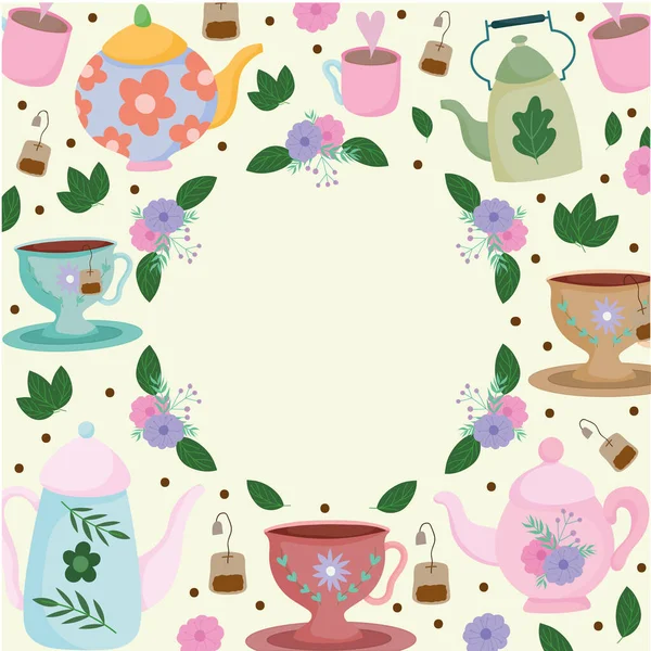 Tea time, wreath floral teapot cups leaves flowers fresh — Stock Vector