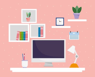 ofis içi çalışma alanı bilgisayar lambaları saat ve bitki kitapları