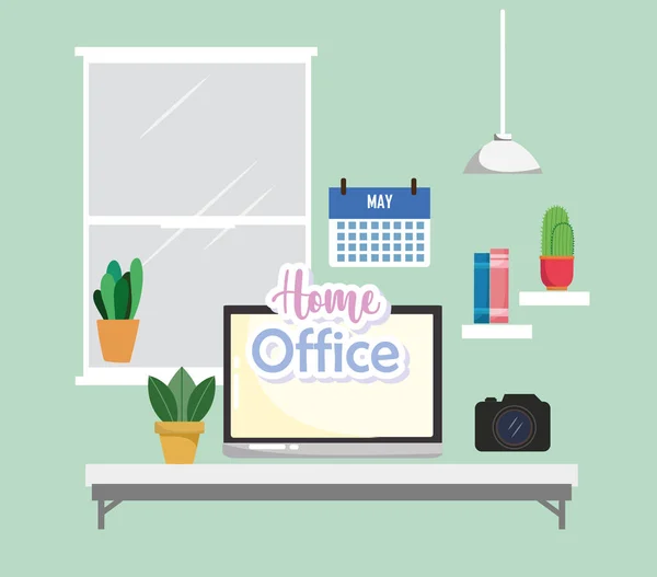 Home office internal laptop camera calendar plants and window — 스톡 벡터