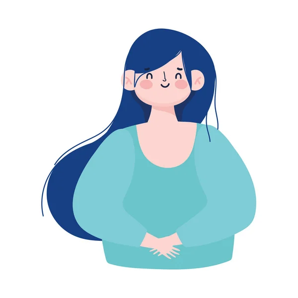 Desenho animado mulher azul cabelo, personagem jovem ícone — Vetor de Stock
