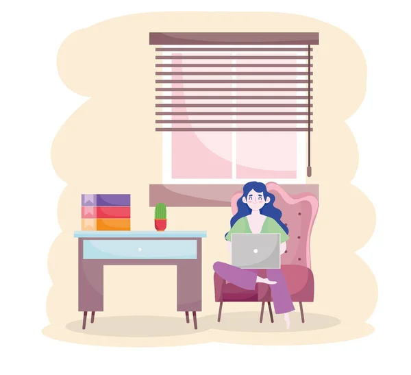 Kobieta z laptopem siedzi na krześle domu biuro — Wektor stockowy