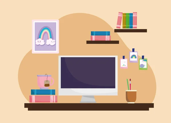 Bureau à domicile espace de travail intérieur bureau ordinateur tasse de thé et livres sur les étagères — Image vectorielle
