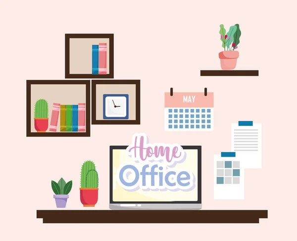 Home office interior laptop prateleiras de cacto com livros relógio e calendário na parede — Vetor de Stock