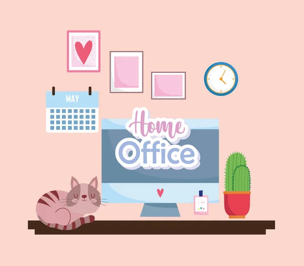 Home office interior computer screen calendar desk cat and cactus — Stock Vector