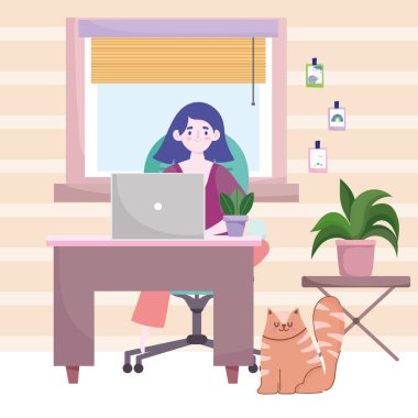 Karakter kadın, ofis odasındaki masada oturuyor.