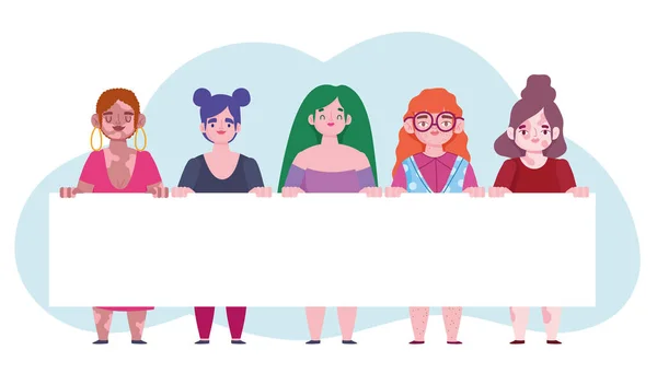 Mulheres diversas com banner personagem de desenho animado amor próprio — Vetor de Stock