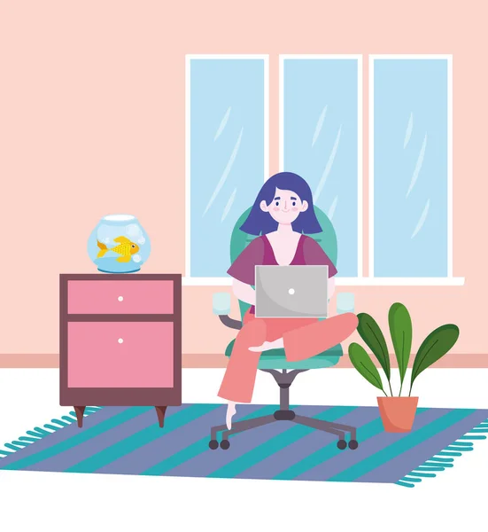 Kvinna som arbetar med bärbar dator sitter på kontorsstol på hemmakontoret — Stock vektor