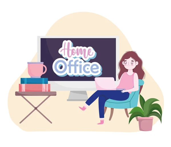 Junge Frau mit Laptop arbeitet mit Büchern und Kaffeetasse Home Office — Stockvektor