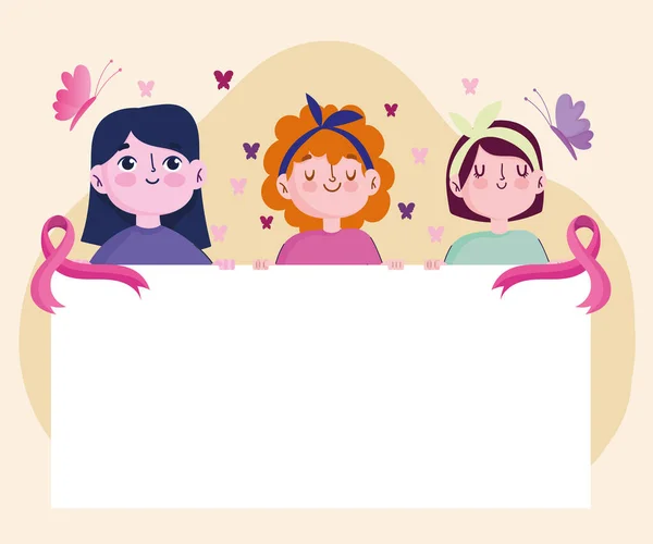 Mujeres de dibujos animados de cáncer de mama sostiene pancarta con cinta y mariposas — Vector de stock