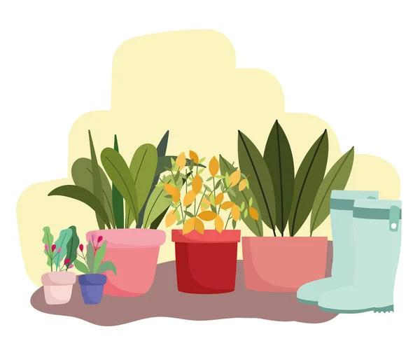 种植盆栽、花卉和橡胶靴 — 图库矢量图片