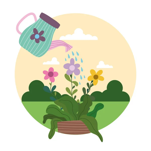 Jardinería regadera puede rociar el agua a las flores en maceta — Archivo Imágenes Vectoriales