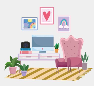 Ev ofisinin içi çalışma alanı koltuğu bilgisayar kamera kitapları ve duvardaki resim