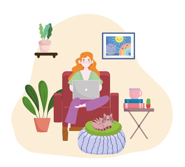 Femme fait ses devoirs sur un ordinateur portable assis chaise bureau à domicile bureau à domicile — Image vectorielle