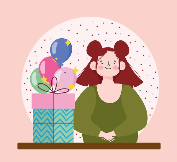 Menina bonito com caixa de presentes e balões festa celebração dos desenhos animados — Vetor de Stock