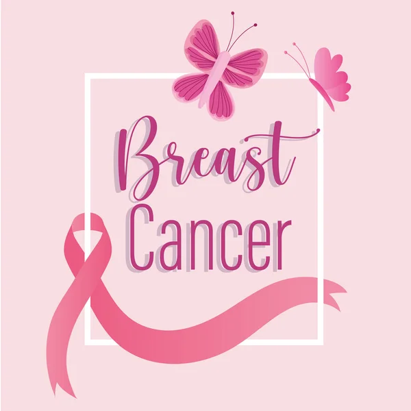 Рак молочной железы нарисованные буквенные ленты и розовые бабочки — стоковый вектор