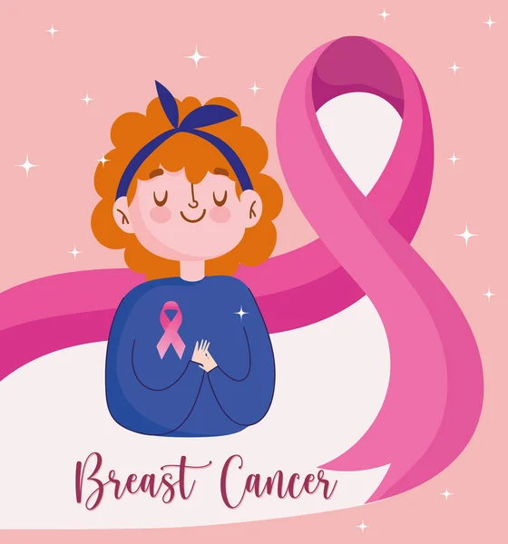 Рак молочной железы милая женщина мультфильм и большая розовая лента — стоковый вектор