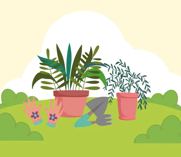 Садовая лопата в горшках с растениями — стоковый вектор
