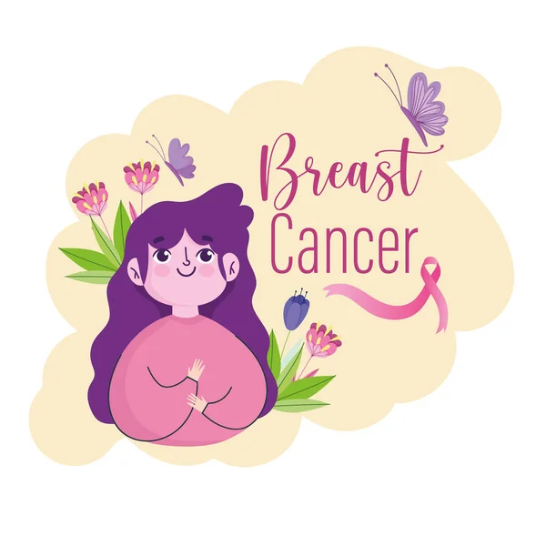Brustkrebs niedliches Mädchen Blumen Schmetterlingsband und Schriftzug — Stockvektor