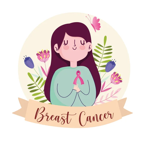 Brustkrebs Niedliche Frau mit Schleifenblumen und Banner — Stockvektor