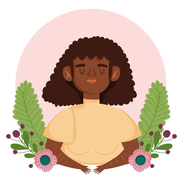 Perfektně nedokonalé afro americká žena s pihami květiny kreslený charakter — Stockový vektor