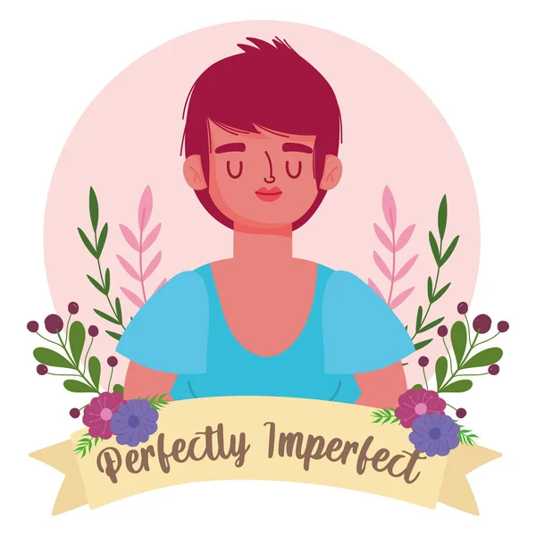 Perfect imperfecte vrouw kort haar stijlvol, bloemen cartoon karakter — Stockvector