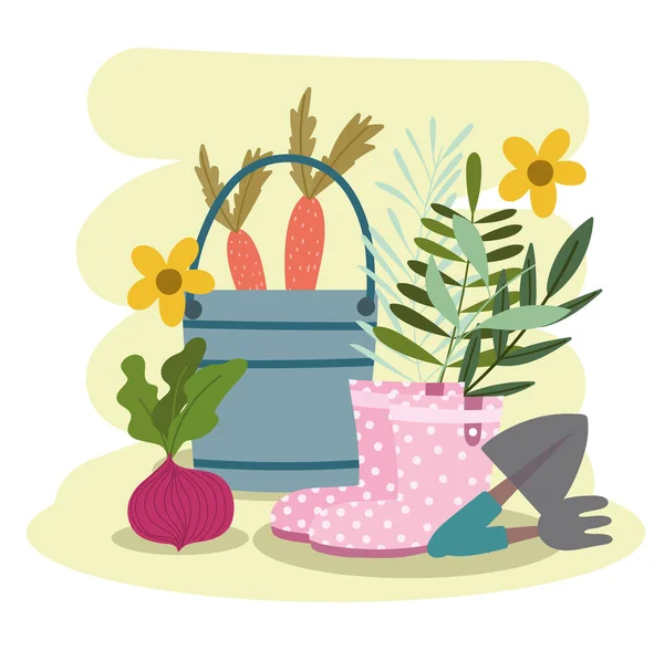 用胡萝卜靴的园艺桶铲耙蔬菜和花卉 — 图库矢量图片