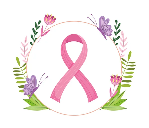 Borstkanker roze lint vlinders bloemen gebladerte banner stijl — Stockvector