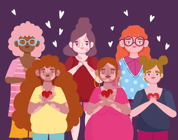Grupo de mulheres diversas com corações desenho animado personagem amor próprio — Vetor de Stock