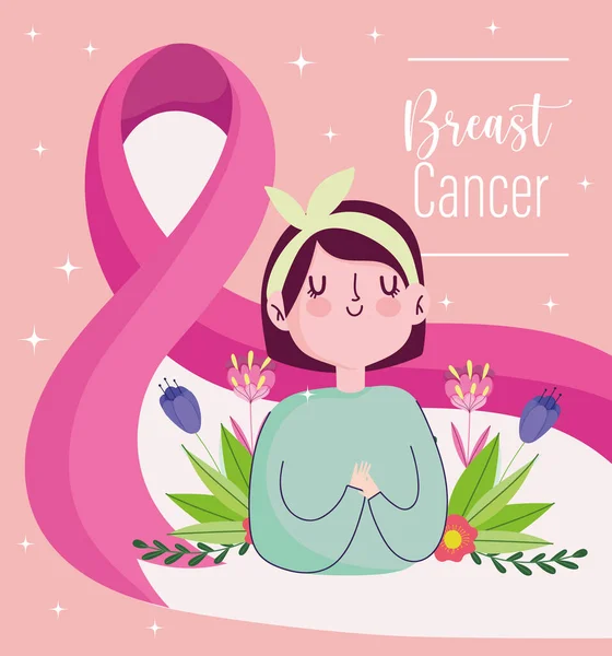 Рак молочной железы милая женщина с розовой огромной открыткой цветов ленты — стоковый вектор