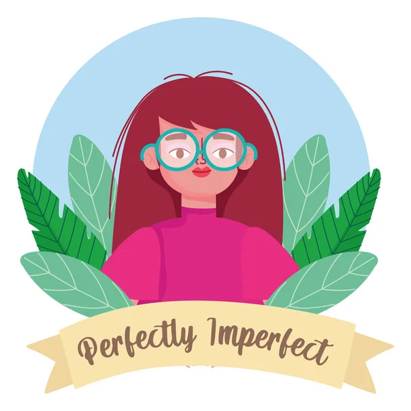 Perfekt unvollkommene Frau mit Brille, Blumen Zeichentrickfigur — Stockvektor