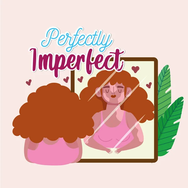 Mujer perfectamente imperfecta con vitiligo se mira en el espejo — Vector de stock