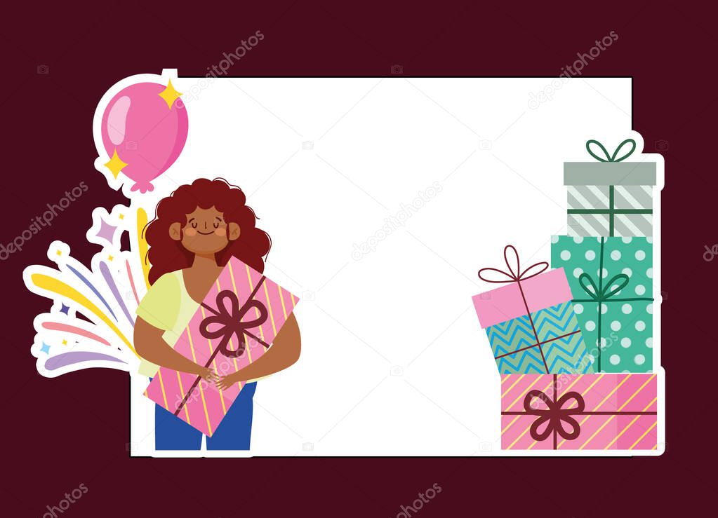 happy woman with gift balloon greeting card cartoon