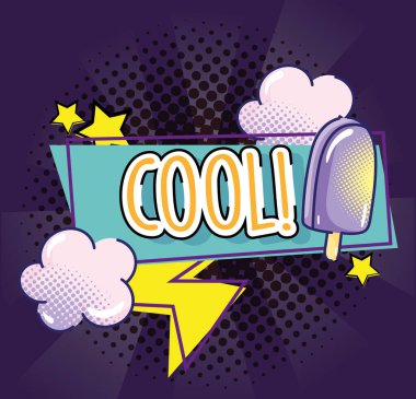 Pop sanat havalı kelime dondurma bulutları ışın yıldızları tasarım yarım ton