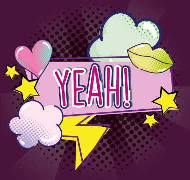 pop sanat evet metin kadın dudaklar kalp yıldızlar ve bulutlar yarım ton arkaplan