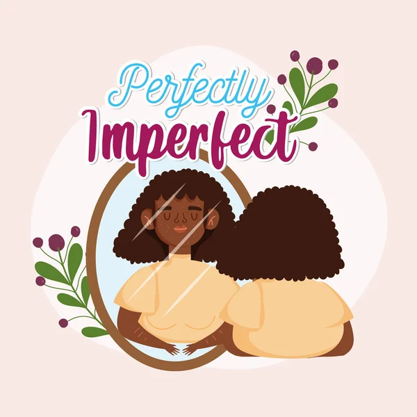 Mujer afro americana perfectamente imperfecta con pecas se mira en el espejo — Vector de stock