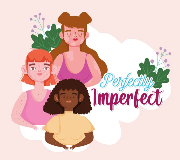 Mujeres afro perfectamente imperfectas con pecas y personajes vitiligo — Vector de stock