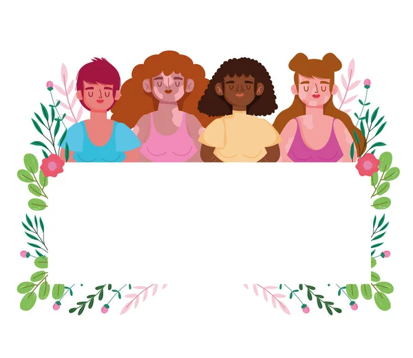 Perfect onvolmaakte, diverse groepsvrouwen, blanco banner en bloemdecoratie — Stockvector