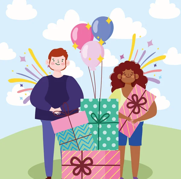 Хлопчик і дівчина з подарунками повітряні кулі вечірка святкування мультфільм — стоковий вектор