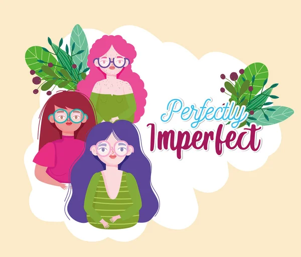Perfect onvolmaakte diverse jonge vrouwen met een bril cartoon — Stockvector