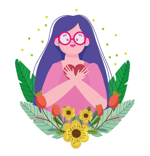 Chica usando gafas de dibujos animados personaje amor propio — Vector de stock