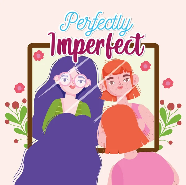 Chicas perfectamente imperfectas con miradas en el espejo — Vector de stock