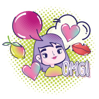 Popüler sanat, tatlı kız konuşması, kabarcık kalp, meyve çizgi filmi.