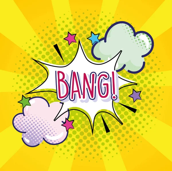 Pop art bang text explosion clouds stars yellow halftone — Stock Vector