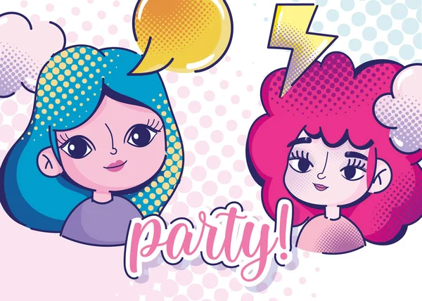 Arte pop chicas lindas discurso burbuja rayo nubes medio tono de fondo — Vector de stock